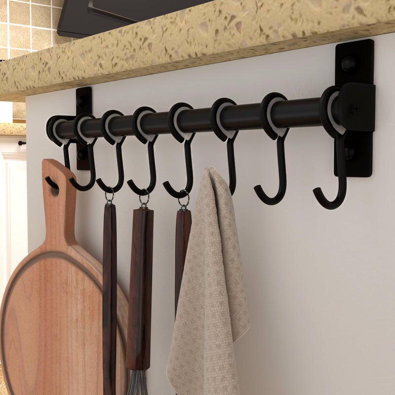 Dseap Kitchen Utensil Holder Hanger, Pot and Pan Rack Wall Mount, Kitchen Rail with 8 Hooks for Hanging Cooking Utensils, Mugs, Spoons, Wall Mounted, Stainless Steel, Black - Image 4